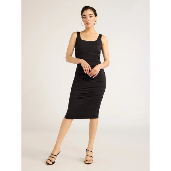 Sofia Jean Body Sculpting Ruched Tank Dress, Below Knee Length, BLACK - Picture 2 of 9